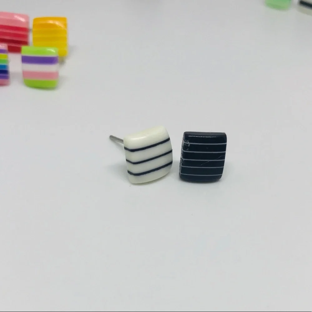 Black Mixed Multi Color Minimalist Repurposed Vintage Striped Bead Stud Earrin…